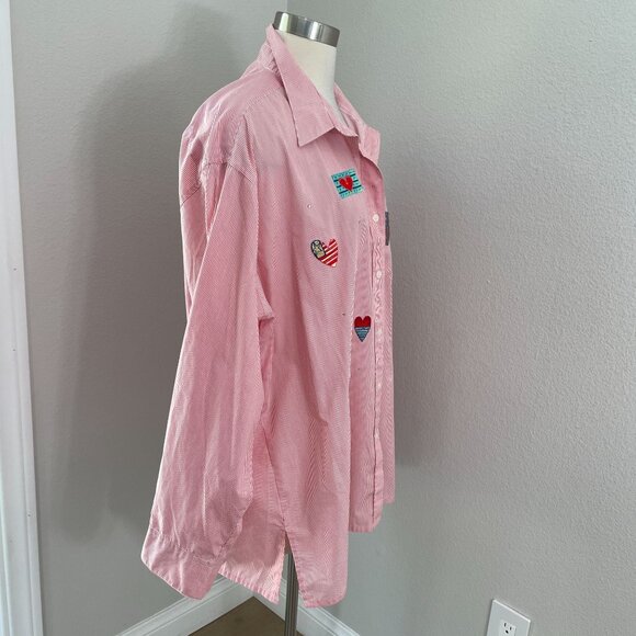 MiLi Designs Womens Plus 1X Button Up Shirt Heart Patches Red Striped Blouse Top - Picture 3 of 11